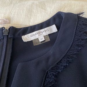 Size 40 (US 8) Navy blue Gerard Darel dress. Fringe sleeves & neck. Side pockets
